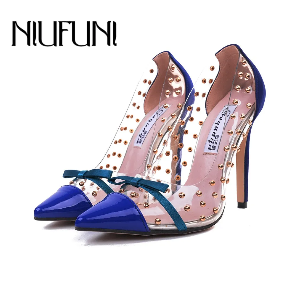 2020 New Sexy Women Pointed Toe Pumps Transparent Rivet Thin High Heel Lady Shoes Female Butterfly Bow Pumps For Work Big Size41