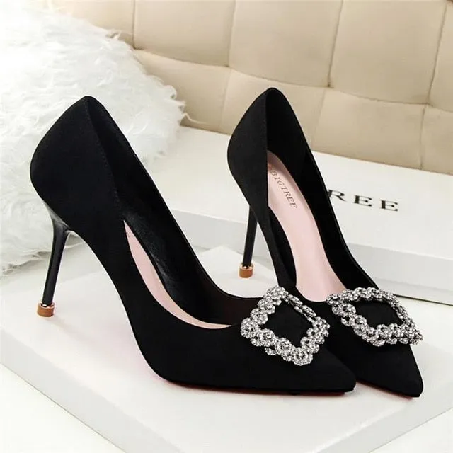 BIGTREE Rhinestone Square Buckle Ladies High Heels Pointed Toe Women Shoes  Solid Flock Shallow  Office Work Pumps For Woman