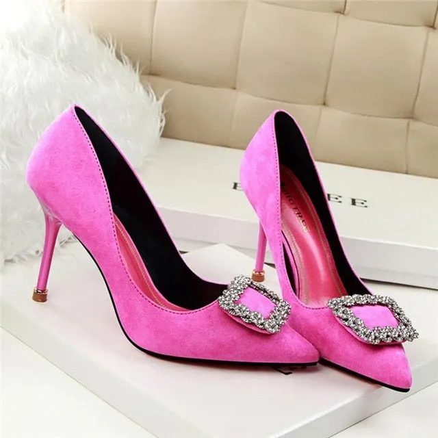 BIGTREE Rhinestone Square Buckle Ladies High Heels Pointed Toe Women Shoes  Solid Flock Shallow  Office Work Pumps For Woman
