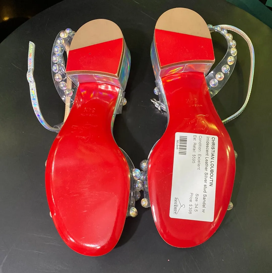 Christian louboutin Irridescent Leather Silver stud Sandal with PVC T Strap