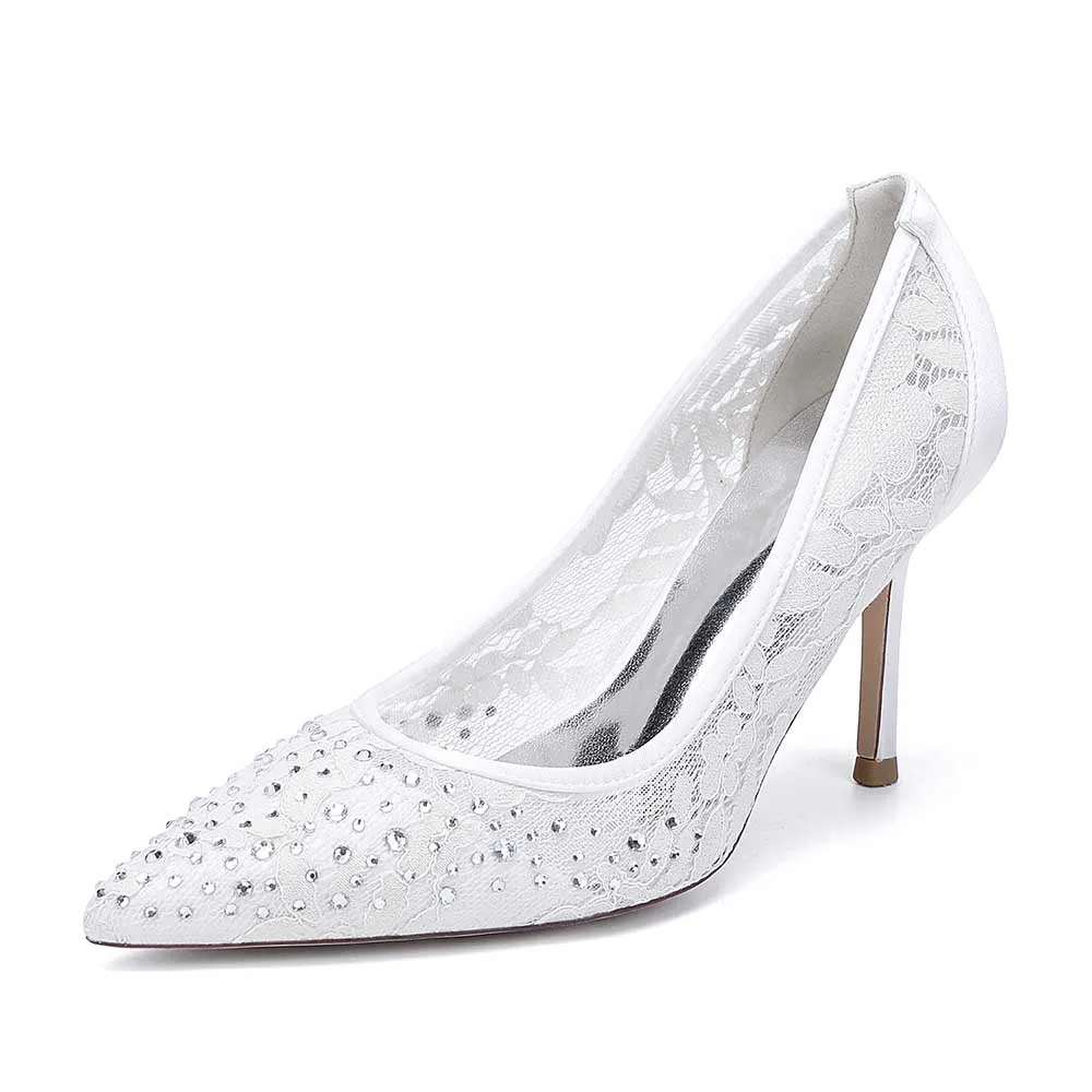 Crystal Lace Wedding Shoes Hand-Made Bridal Pump Slip-On Prom Heels