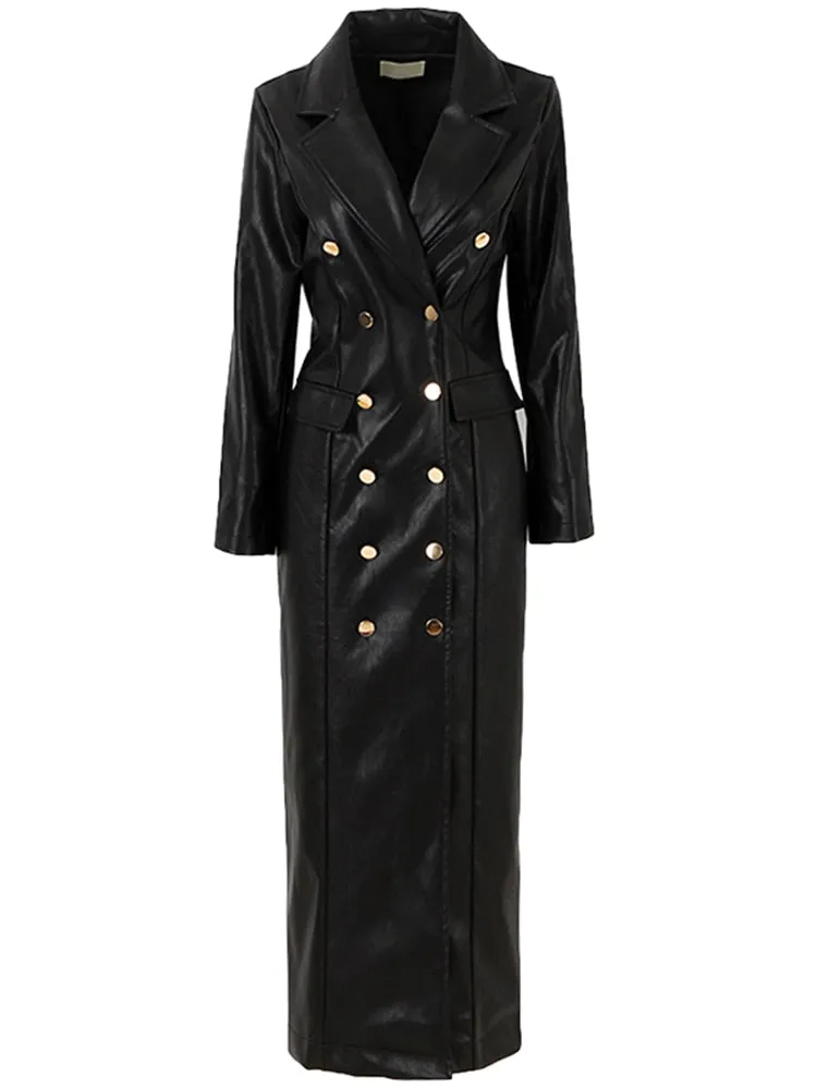 Long Faux Leather Trench Coat