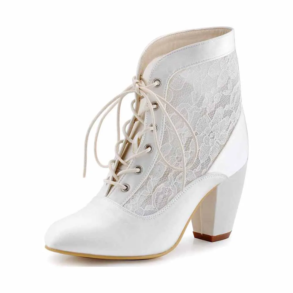 Women Boots High Heel Lace-up Satin Lace Bridal Wedding Shoes