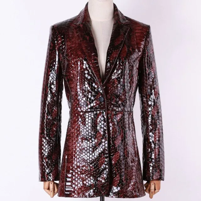Women Snake Shiny Patent Leather Jacket