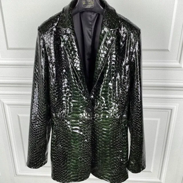 Women Snake Shiny Patent Leather Jacket