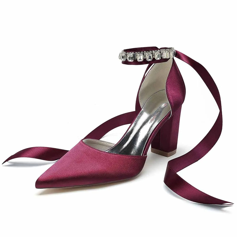 Women's Satin Closed Toe Lace-Up Chunky Heel High Heels