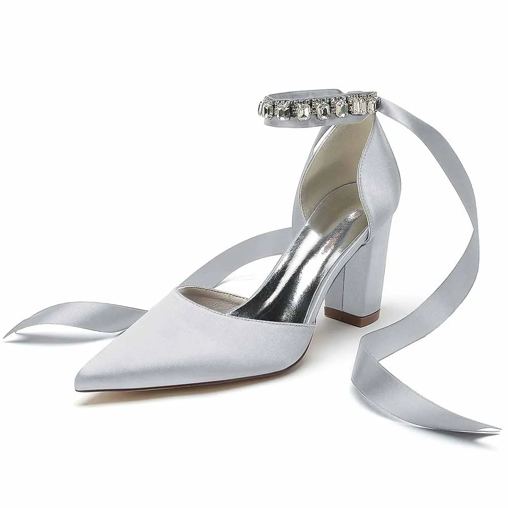Women's Satin Closed Toe Lace-Up Chunky Heel High Heels