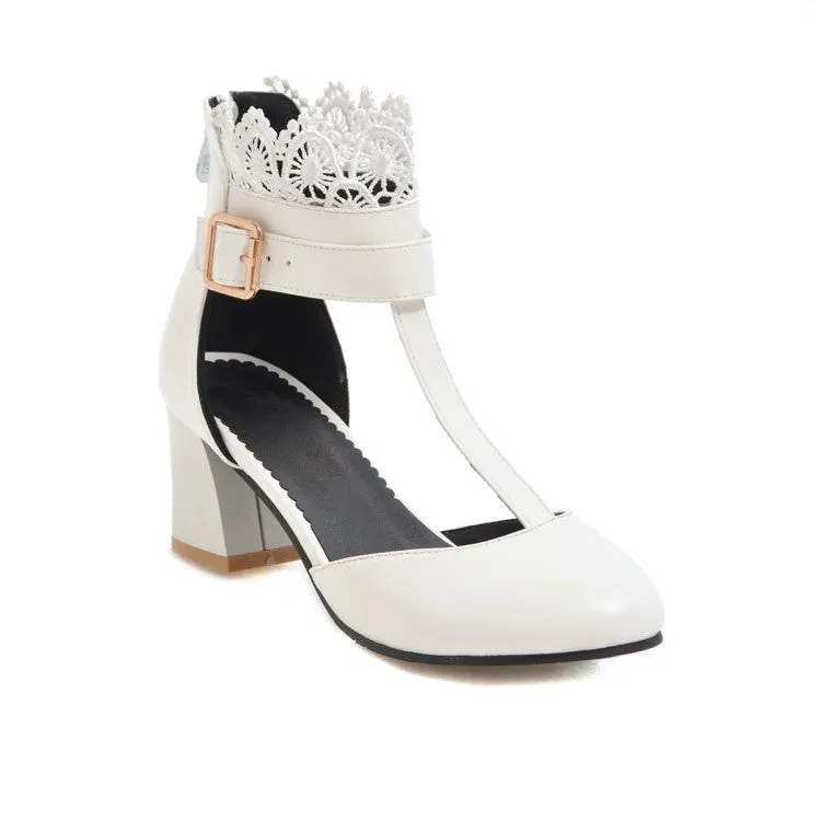 Women's T Strap Lace Ankle Wrap Buckle High Heels Block Heel Sandals